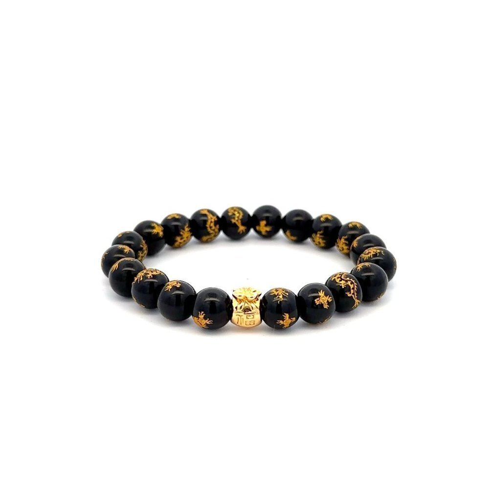 18K Gold Money Bag Black Agate Gemstones 7.5-8mm Lucky Charm Elastic Bracelet